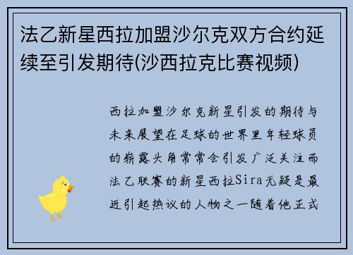 法乙新星西拉加盟沙尔克双方合约延续至引发期待(沙西拉克比赛视频)