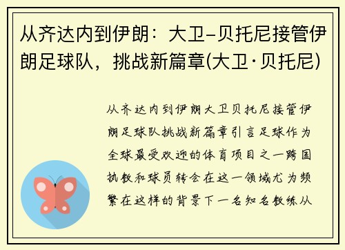 从齐达内到伊朗：大卫-贝托尼接管伊朗足球队，挑战新篇章(大卫·贝托尼)