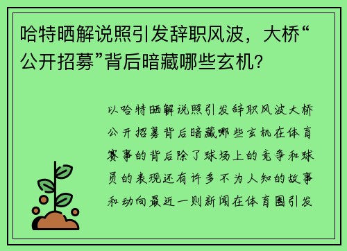 哈特晒解说照引发辞职风波，大桥“公开招募”背后暗藏哪些玄机？