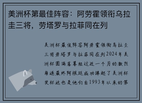 美洲杯第最佳阵容：阿劳霍领衔乌拉圭三将，劳塔罗与拉菲同在列