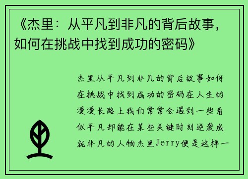 《杰里：从平凡到非凡的背后故事，如何在挑战中找到成功的密码》