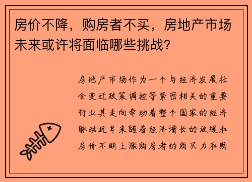 房价不降，购房者不买，房地产市场未来或许将面临哪些挑战？