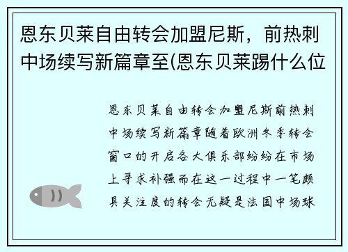 恩东贝莱自由转会加盟尼斯，前热刺中场续写新篇章至(恩东贝莱踢什么位置最合适)