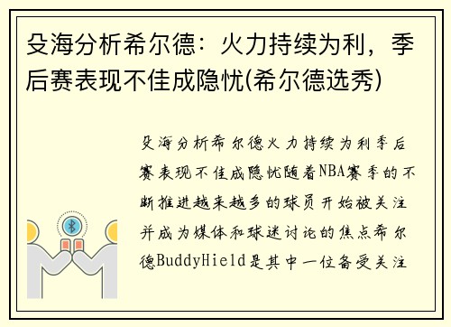 殳海分析希尔德：火力持续为利，季后赛表现不佳成隐忧(希尔德选秀)